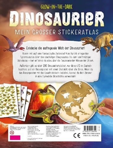 Buchcover und Innenansicht für das Buch: Glow-in-the-Dark Dinosaur: Sticker Atlas