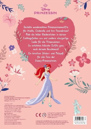 Buchcover und Innenansicht für das Buch: Disney Prinzessin: Mein Styling-Spaß mit Stickern zum Ausmalen - Stickern - Malen - Stylen