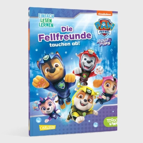Buchcover und Innenansicht für das Buch: PAW Patrol Erstlesebuch: Aqua Pups: Die Fellfreunde tauchen ab!