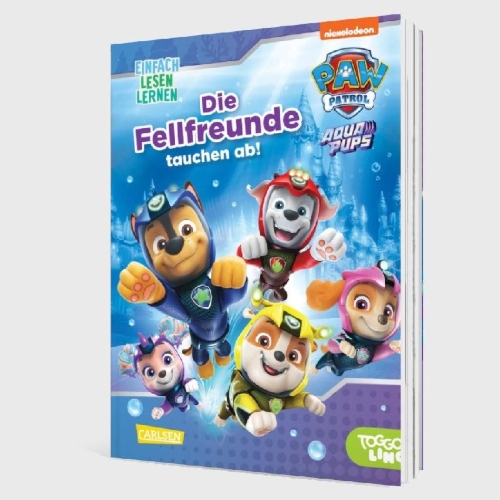 Buchcover und Innenansicht für das Buch: PAW Patrol Erstlesebuch: Aqua Pups: Die Fellfreunde tauchen ab!
