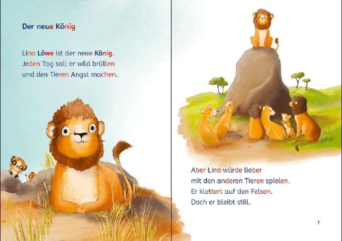 Buchcover und Innenansicht für das Buch: Leselöwen 1. Klasse - Ein Löwe findet Freunde