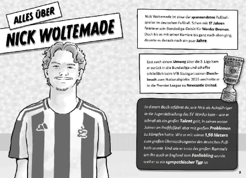 Buchcover und Innenansicht für das Buch: Mein Fußballheld Nick Woltemade - Seine Geschichte, seine Spiele, seine Rekorde