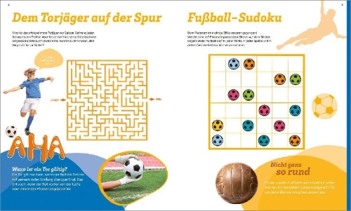Buchcover und Innenansicht für das Buch: WAS IST WAS Rätseln und Stickern: Fußball
