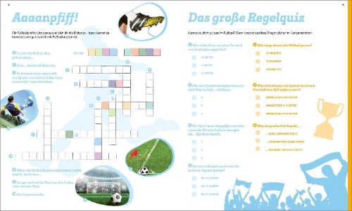 Buchcover und Innenansicht für das Buch: WAS IST WAS Rätseln und Stickern: Fußball