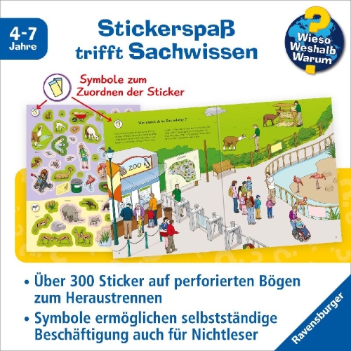Buchcover und Innenansicht für das Buch: Wieso? Weshalb? Warum? Stickerheft: Im Zoo