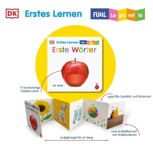 Buchcover und Innenansicht für das Buch: Erstes Lernen Fühl-Leporello. Erste Wörter