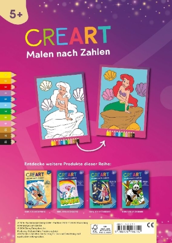 Buchcover und Innenansicht für das Buch: CreArt Malen nach Zahlen ab 5 Disney Prinzessinnen - Starke Mädchen