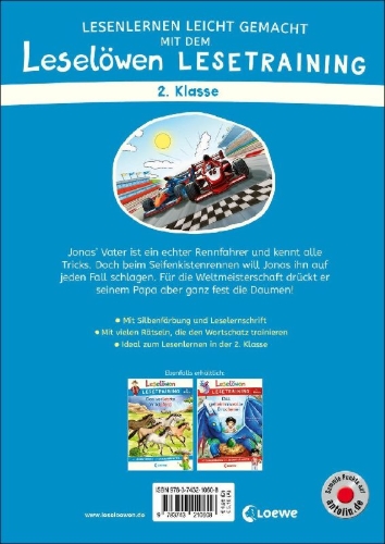 Buchcover und Innenansicht für das Buch: Leselöwen Lesetraining 2. Klasse - Vollgas auf der Rennstrecke