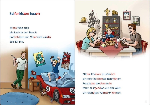 Buchcover und Innenansicht für das Buch: Leselöwen Lesetraining 2. Klasse - Vollgas auf der Rennstrecke