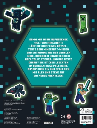 Buchcover und Innenansicht für das Buch: Minecraft: Der große Glow-in-the-Dark Stickerspaß: Stickern - Rätseln - Ausmalen