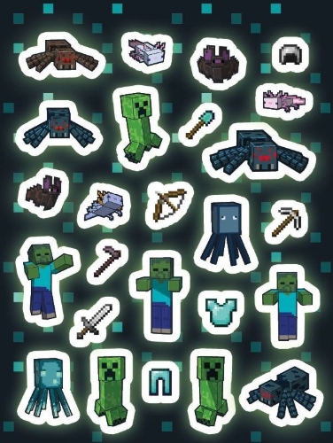 Buchcover und Innenansicht für das Buch: Minecraft: Der große Glow-in-the-Dark Stickerspaß: Stickern - Rätseln - Ausmalen
