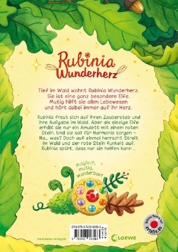 Buchcover und Innenansicht für das Buch: Rubinia Wunderherz, die mutige Waldelfe (Band 1) - Der magische Funkelstein