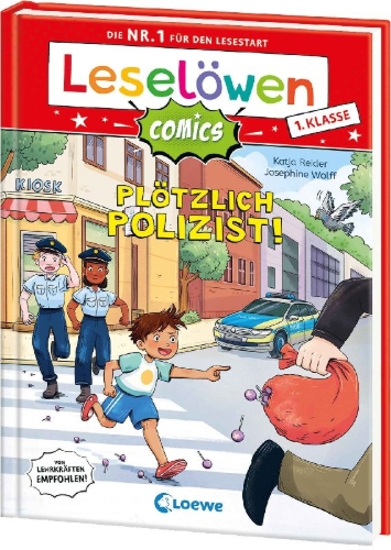 Buchcover und Innenansicht für das Buch: Leselöwen Comics 1. Klasse - Plötzlich Polizist!