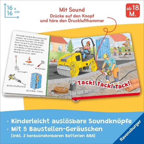 Buchcover und Innenansicht für das Buch: Hör mal hin - Sachen suchen, Sachen hören: Baustelle