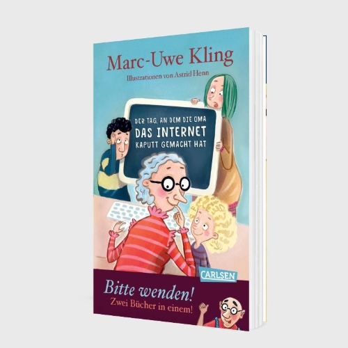 Buchcover und Innenansicht für das Buch: Der Tag, an dem die Oma das Internet kaputt gemacht hat & Der Tag, an dem der Opa den Wasserkocher auf den Herd gestellt hat