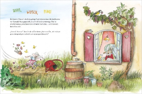 Buchcover und Innenansicht für das Buch: Konrad Känguru und Rita Rennmaus. Konrad hüpft zum Hauptgewinn