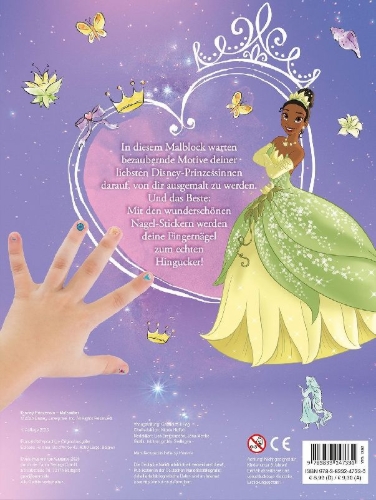 Buchcover und Innenansicht für das Buch: Disney Prinzessin: Malzauber - Mit bunten Nagelstickern!