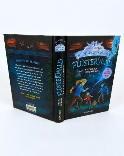 Buchcover und Innenansicht für das Buch: Flüsterwald - Die magische Akademie. Die Rache der Spiegelkrieger (Flüsterwald, Bd. III-4)