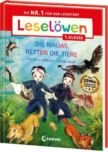 Buchcover und Innenansicht für das Buch: Leselöwen 1. Klasse - Die Ninjas retten die Tiere (Großbuchstabenausgabe)