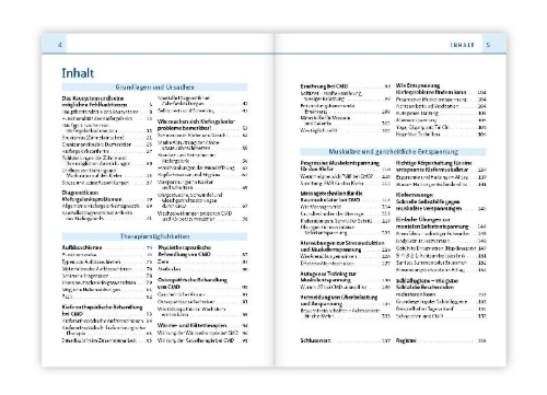 Buchcover und Innenansicht für das Buch: Kiefergelenkschmerzen, CMD und Zähneknirschen. Kompakt-Ratgeber