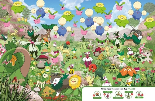 Buchcover und Innenansicht für das Buch: Le guide cherche-et-trouve les 18 types de Pokémon de Paldea