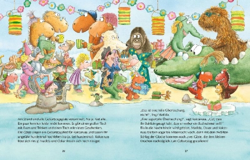 Buchcover und Innenansicht für das Buch: Der kleine Drache Kokosnuss und die Geburtstagsparty