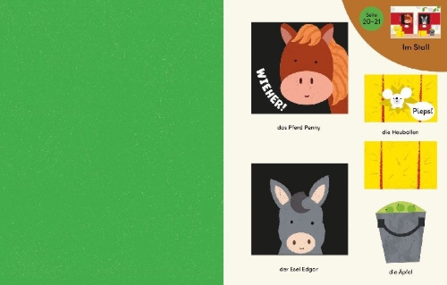 Buchcover und Innenansicht für das Buch: Kleine Kreativ-Werkstatt - Schere, Kleber, los! Den bunten Bauernhof fertig basteln