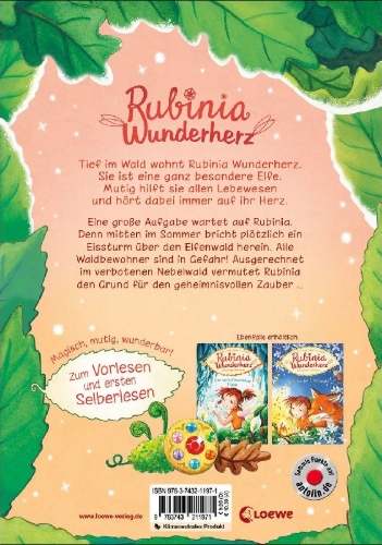 Buchcover und Innenansicht für das Buch: Rubinia Wunderherz, die mutige Waldelfe (Band 5) - Der geheimnisvolle Eiszauber