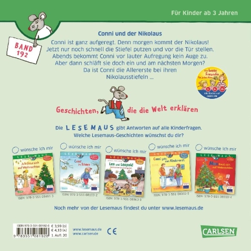 Buchcover und Innenansicht für das Buch: LESEMAUS 192: Conni und der Nikolaus