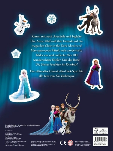 Buchcover und Innenansicht für das Buch: Disney Die Eiskönigin: Der große Glow-in-the-Dark-Stickerspaß: Stickern - Rätseln - Ausmalen