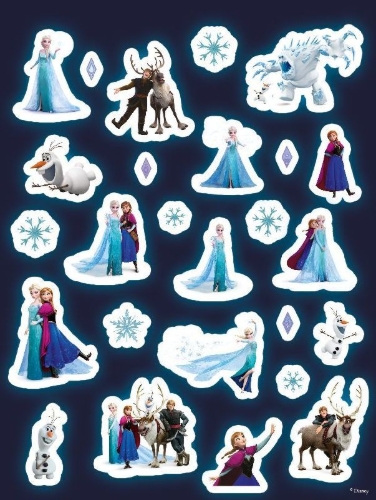 Buchcover und Innenansicht für das Buch: Disney Die Eiskönigin: Der große Glow-in-the-Dark-Stickerspaß: Stickern - Rätseln - Ausmalen