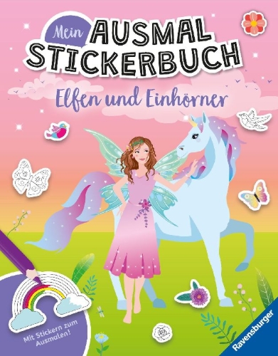 Buchcover und Innenansicht für das Buch: Mein Ausmalstickerbuch - Elfen und Einhörner