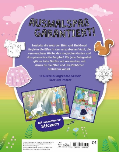 Buchcover und Innenansicht für das Buch: Mein Ausmalstickerbuch - Elfen und Einhörner