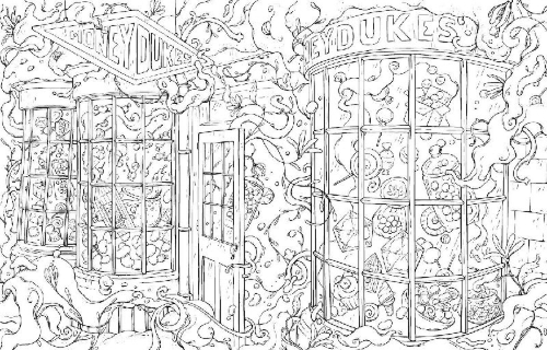 Buchcover und Innenansicht für das Buch: Harry Potter: An Official Sweets and Treats Coloring Book