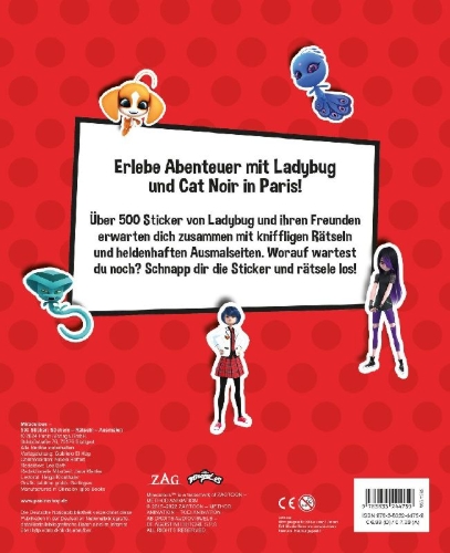 Buchcover und Innenansicht für das Buch: Miraculous: 500 Sticker - Stickern - Rätseln - Ausmalen