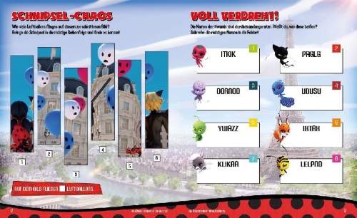 Buchcover und Innenansicht für das Buch: Miraculous: 500 Sticker - Stickern - Rätseln - Ausmalen