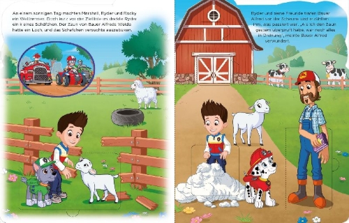 Buchcover und Innenansicht für das Buch: PAW Patrol: Einsatz auf dem Bauernhof - Mein tierisches Klappenbuch