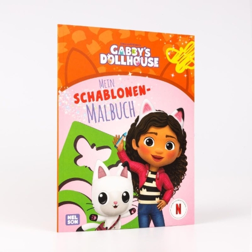Buchcover und Innenansicht für das Buch: Gabby's Dollhouse: Mein Schablonen-Malbuch