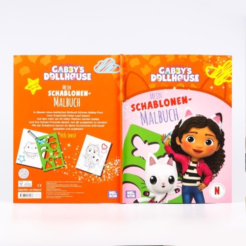 Buchcover und Innenansicht für das Buch: Gabby's Dollhouse: Mein Schablonen-Malbuch