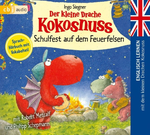 Buchcover und Innenansicht für das Buch: Der kleine Drache Kokosnuss - Schulfest auf dem Feuerfelsen