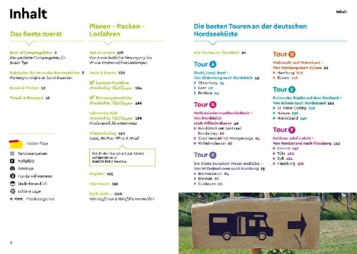 Buchcover und Innenansicht für das Buch: MARCO POLO Camper Guide Deutsche Nordseeküste