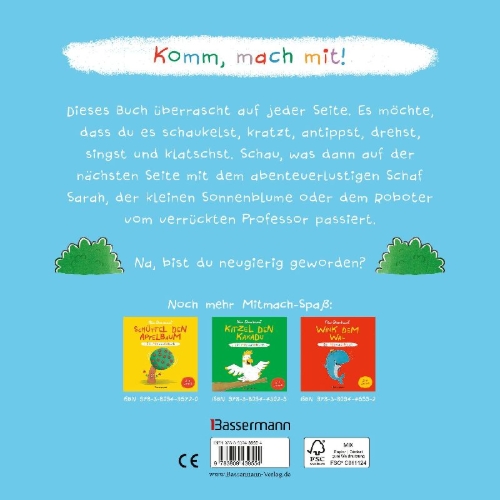 Buchcover und Innenansicht für das Buch: Schaukel das Schaf - Ein Mitmachbuch zum Schütteln, Schaukeln, Pusten, Klopfen und sehen, was dann passiert. Von 2 bis 4 Jahren
