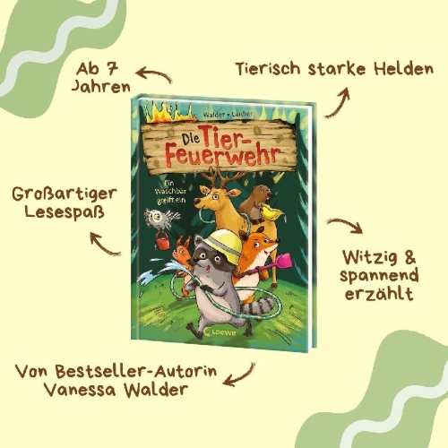 Buchcover und Innenansicht für das Buch: Die Tier-Feuerwehr (Band 1) - Ein Waschbär greift ein