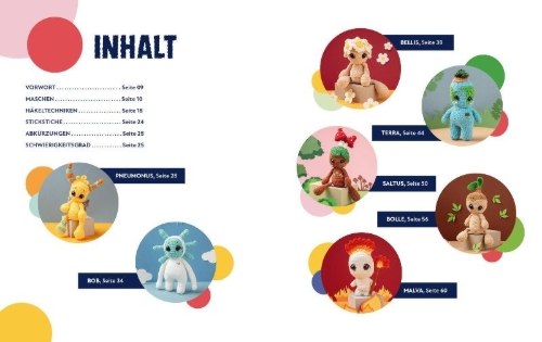 Buchcover und Innenansicht für das Buch: Die flauschigen Monster-Häkelbuddys