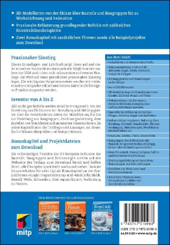 Buchcover und Innenansicht für das Buch: 3D-Konstruktionen mit Autodesk Inventor 2026