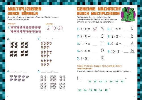Buchcover und Innenansicht für das Buch: Math for Minecrafters: Adventures in Multiplication and Division