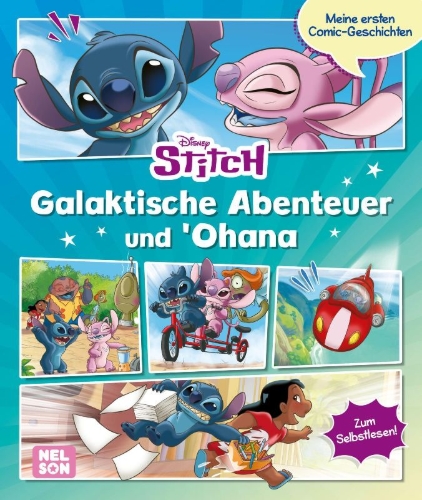 Buchcover und Innenansicht für das Buch: Disney: Stitch: Meine ersten Comic-Geschichten: Galaktische Abenteuer und 'Ohana