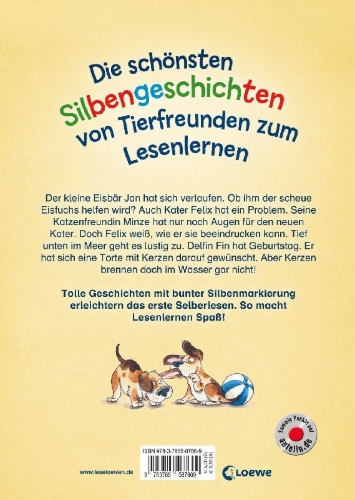 Buchcover und Innenansicht für das Buch: Leselöwen - Das Original - Die schönsten Silbengeschichten von Tierfreunden zum Lesenlernen