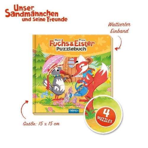 Buchcover und Innenansicht für das Buch: Trötsch Unser Sandmännchen Puzzlebuch mit 4 Puzzle Fuchs und Elster