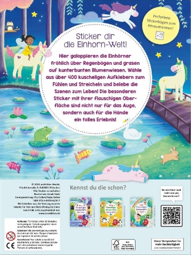 Buchcover und Innenansicht für das Buch: Mein flauschiges Stickerheft - Einhörner